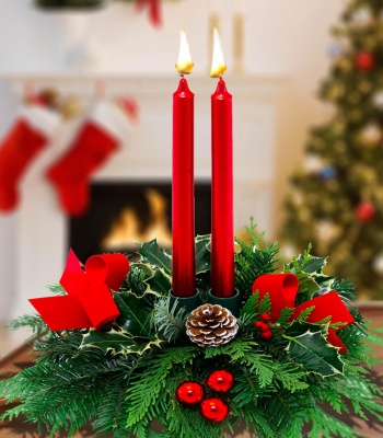 Christmas Centerpiece With Winter Greenery and Red Candles