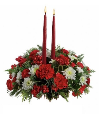Christmas Holiday Centerpiece With Two Red Candles