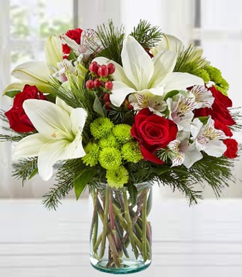 Christmas Wishes - Roses & Lilies in Stylish Glass Vase