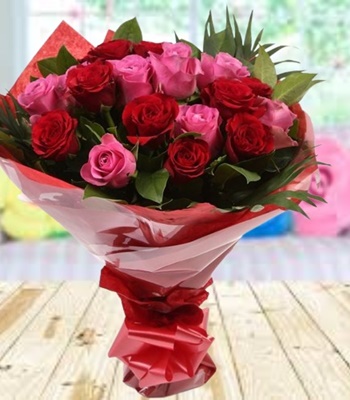 One Dozen Pink & Red Roses Bouquet