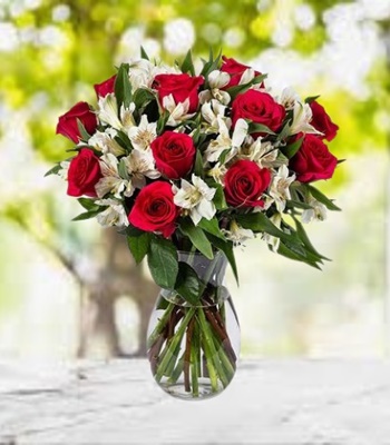 Red Roses with White Alstroemeria With Free Vase