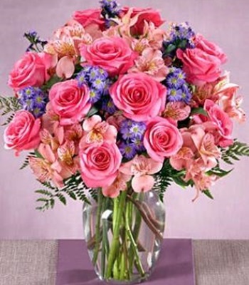 Pink Rainbow - Dozen Roses, Peruvian Lilies & Asters