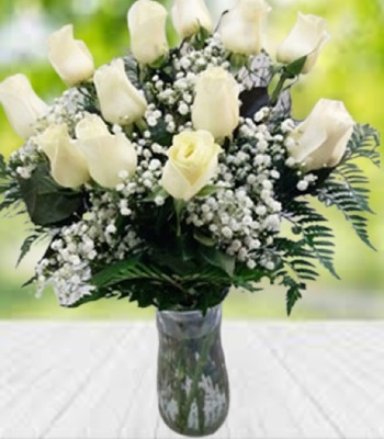 Dozen White Roses in Vase with Baby's Breath and Green