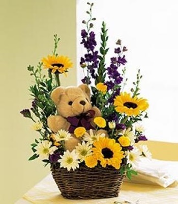 Flower Basket and Bear Arrangement