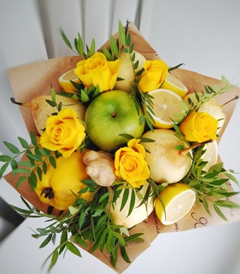 Summer Splendor - Fresh Fruits with Bright Yellow Roses