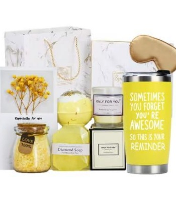 Mother's Day Gift Set - Spa Gift Set for Women, 6-Piece Pink Collection with Bath Bomb, Bath Salt, Candle, Diamond Soap, Thermal Mug and Gift Card (Standard, Yellow Awesome)