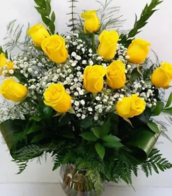 Sunshine - One Dozen Long Stem Yellow Roses with Greens and Baby's Breath
