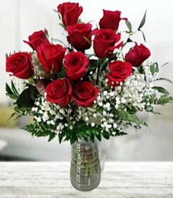 One Dozen Red Rose Bouquet with Baby's Breath and Green - Free Vase