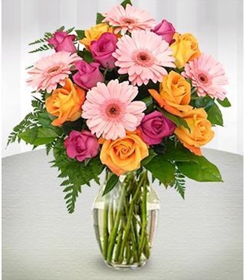 Social Butterfly - Orange Roses with Hot Pink Gerberas