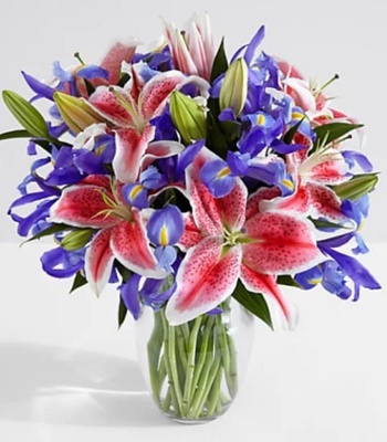 Pink Oriental Lilies & Blue Iris Bouquet