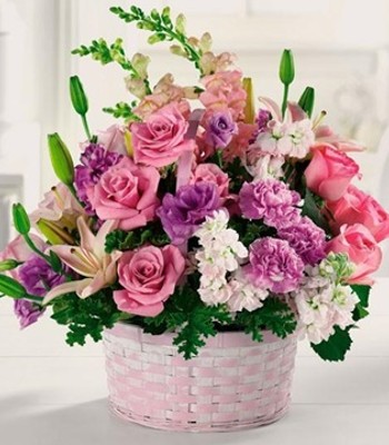 Pink, Purple & White Colored Flower Basket
