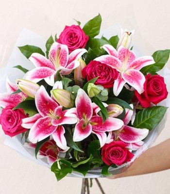 Sweet Surprise - Pink Roses & Lilies Hand-Tied Bouquet