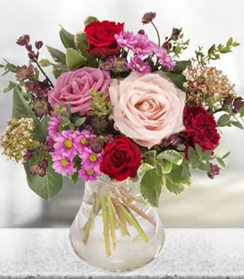 Full of Love Bouquet - Red & Pink Designer Flowers in Vase