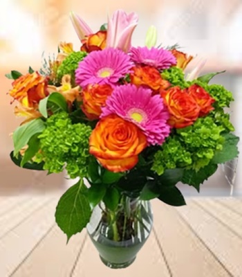Cheerful - Roses, Alstromeria, Lilies and Gerberas in Glass Vase