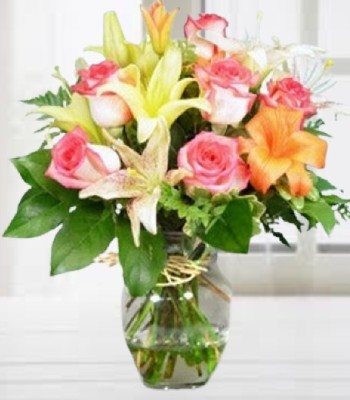 Autumn Thoughts - Blush Roses & Assorted Fall Colored Lilies