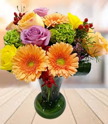 Bold and Beautiful - Roses and Gerberas in Fancy Vase