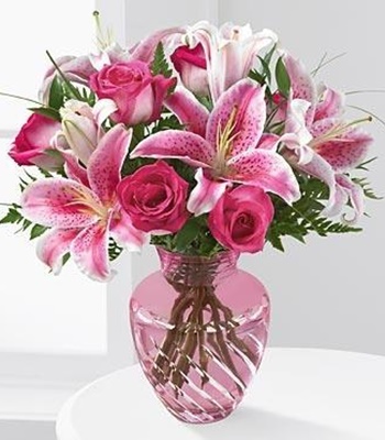 Hot Pink Roses & Stargazer Lilies Arrangement