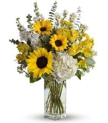 Roses, Sunflowers & Premium Hydrangea In Fancy Vase