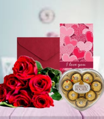 6 Red Roses with Ferrero Chocolate and Love Greeting Card