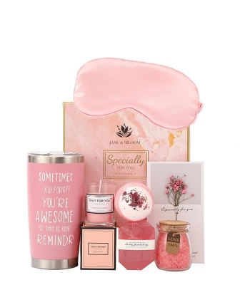 Spa Gift Set for Women, 6-Piece Pink Collection with Bath Bomb, Bath Salt, Candle, Diamond Soap, Thermal Mug and Gift Card