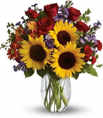 Summer Kiss - Sunflowers, Roses with Seasonal Flowers