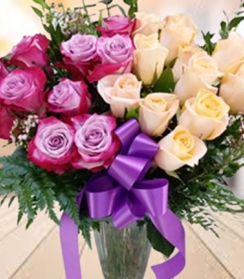 Star Lights - White and Lavender Roses with Fillers and Green