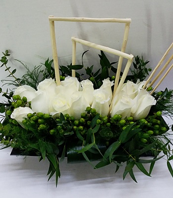 Pure White Roses Basket with Hypericum and Bamboo Sticks