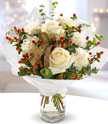 Winter fresh - White Roses, Carnations with Berries & Greenery