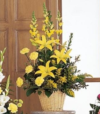 Ray of Hope Arrangement - Yellow Carnations, Snapdragons and Lilies