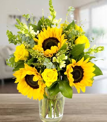 Sunflower Bouquet with Roses and Yellow Snapdragons