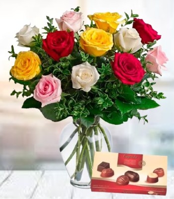 Mix Color Rose in Vase with Chocolates - 12 Assorted Roses
