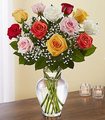 Birthday Flowers - 12 Mix Rose Arrangement in Vase