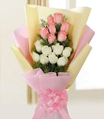Rose Bouquet - Dozen Pink and White Roses