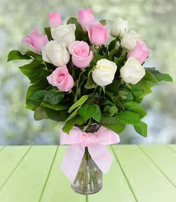 Rose Bouquet - Dozen Pink and White Roses with Free Vase
