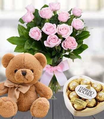 Pink Roses Bouquet - 12 Pink Roses with Teddy Bear and Chocolates