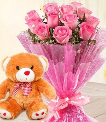 Rose with Cute Teddy - 12 Pink Roses