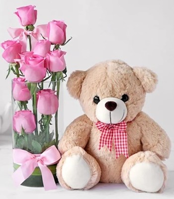 Pink Rose Flower Arrangement - 12 Pink Roses With Teddy Bear and Free Vase