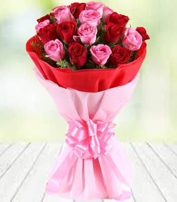 Rose Flower Bouquet - 12 Red and Pink Roses Hand-Tied