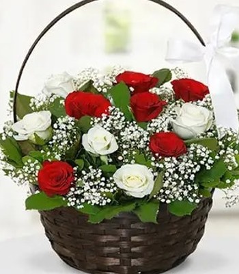 Anniversary Flowers - 12 Red and White Rose Basket