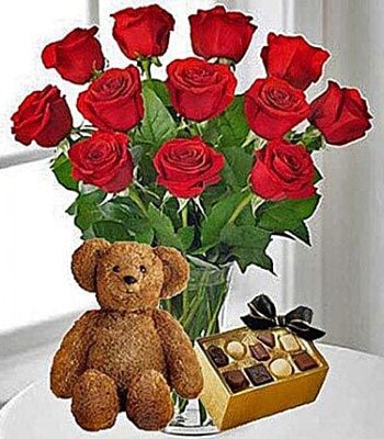 Rose Flower Bouquet - 12 Red Roses in Vase with Chocolate and Teddy