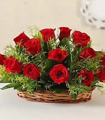 Rose Flower Basket - 1 Dozen Red Roses