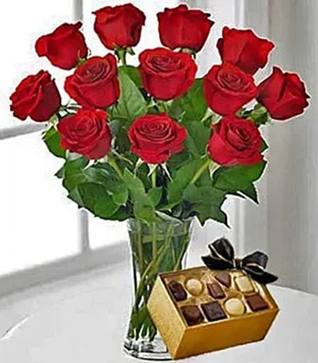 Red Rose & Chocolates  - 12 Red Rose Bouquet with Free Vase