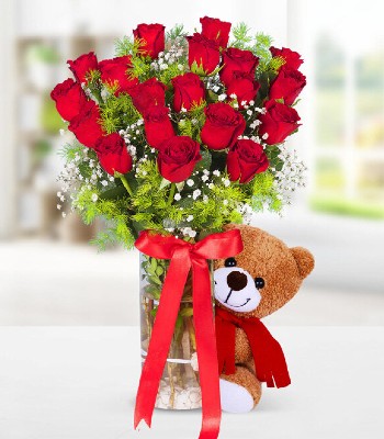 Red Roses Flower Bouquet - 12 Roses with Teddy Bear & Free Vase