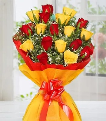 Rose Flower Bouquet - 12 Red & Yellow Roses