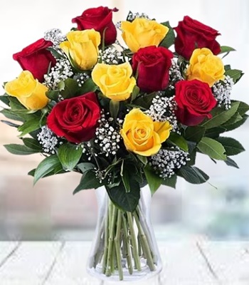 Rose Flower Bouquet - 12 Red & Yellow Roses With Free Vase