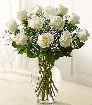 White Rose Bouquet - One Dozen White Roses With Free Vase