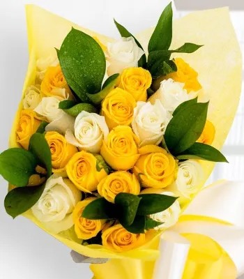 Rose Flower Bouquet - 12 Yellow and White Roses Hand-Tied