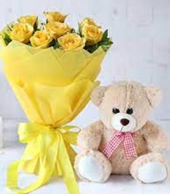 Yellow Roses With Teddy - Dozen Yellow Roses