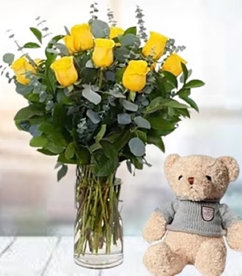Yellow Rose Flower Arrangement - 12 Yellow Roses With Free Vase And Teddy