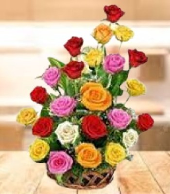 Mix Color Rose Basket - 18 Assorted Roses